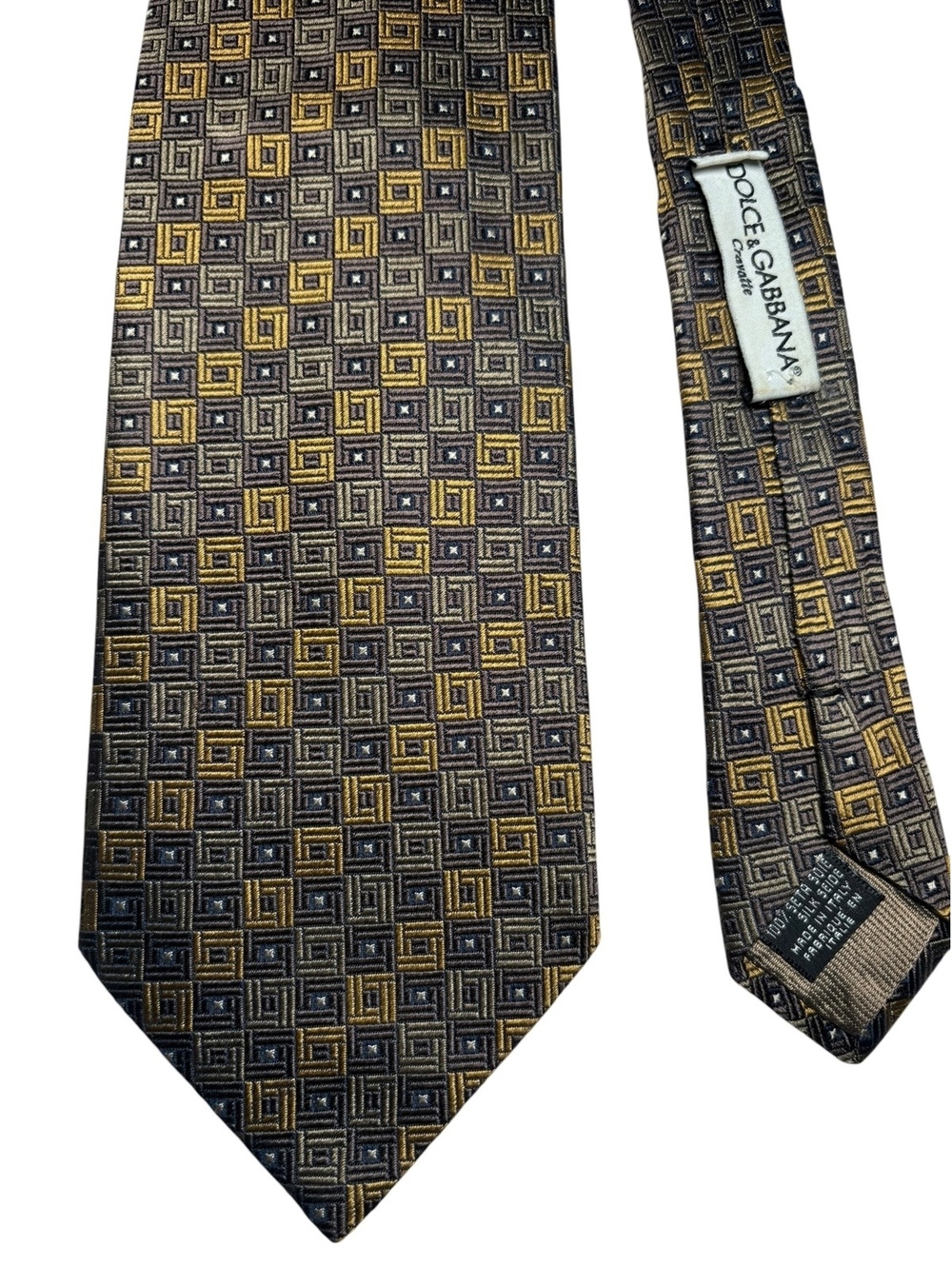 Dolce & Gabbana Silk Gray Gold Jacquard Geometric Designer Tie Made in Italy